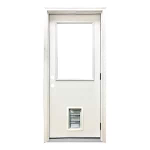 30 in. x 80 in. Reliant Series Clear Half Lite LHOS White Primed Fiberglass Prehung Back Door with Med Pet Door