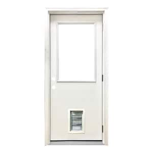 32 in. x 80 in. Reliant Series Clear Half Lite LHOS White Primed Fiberglass Prehung Back Door with Med Pet Door