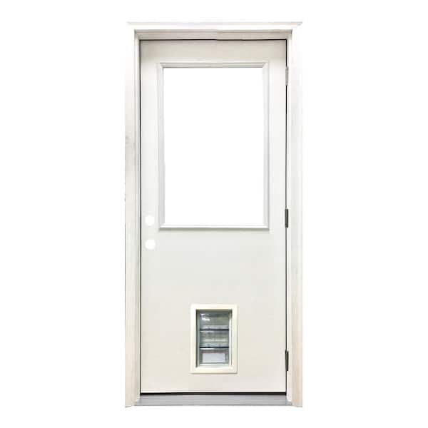 Steves & Sons 32 in. x 80 in. Reliant Series Clear Half Lite LHOS White Primed Fiberglass Prehung Back Door with Med Pet Door