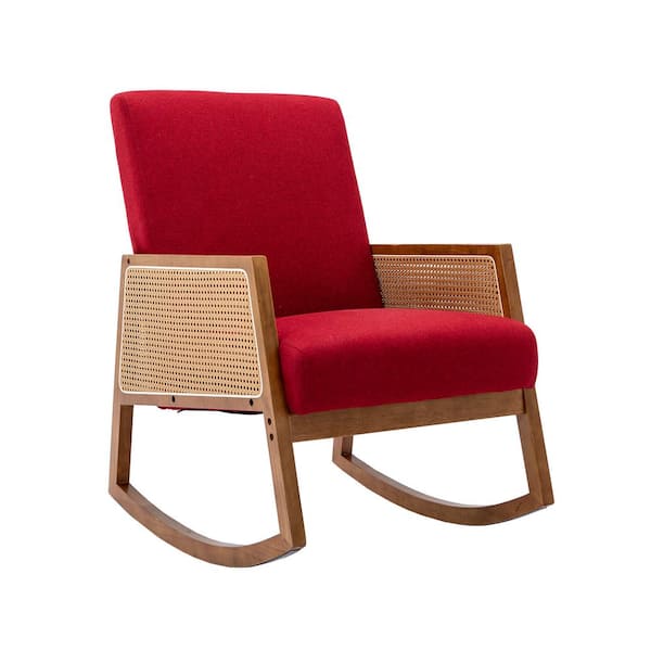 HOMEFUN Modern Comfy Upholstered Red Linen Glider Rocker Armchair with Rattan Arms