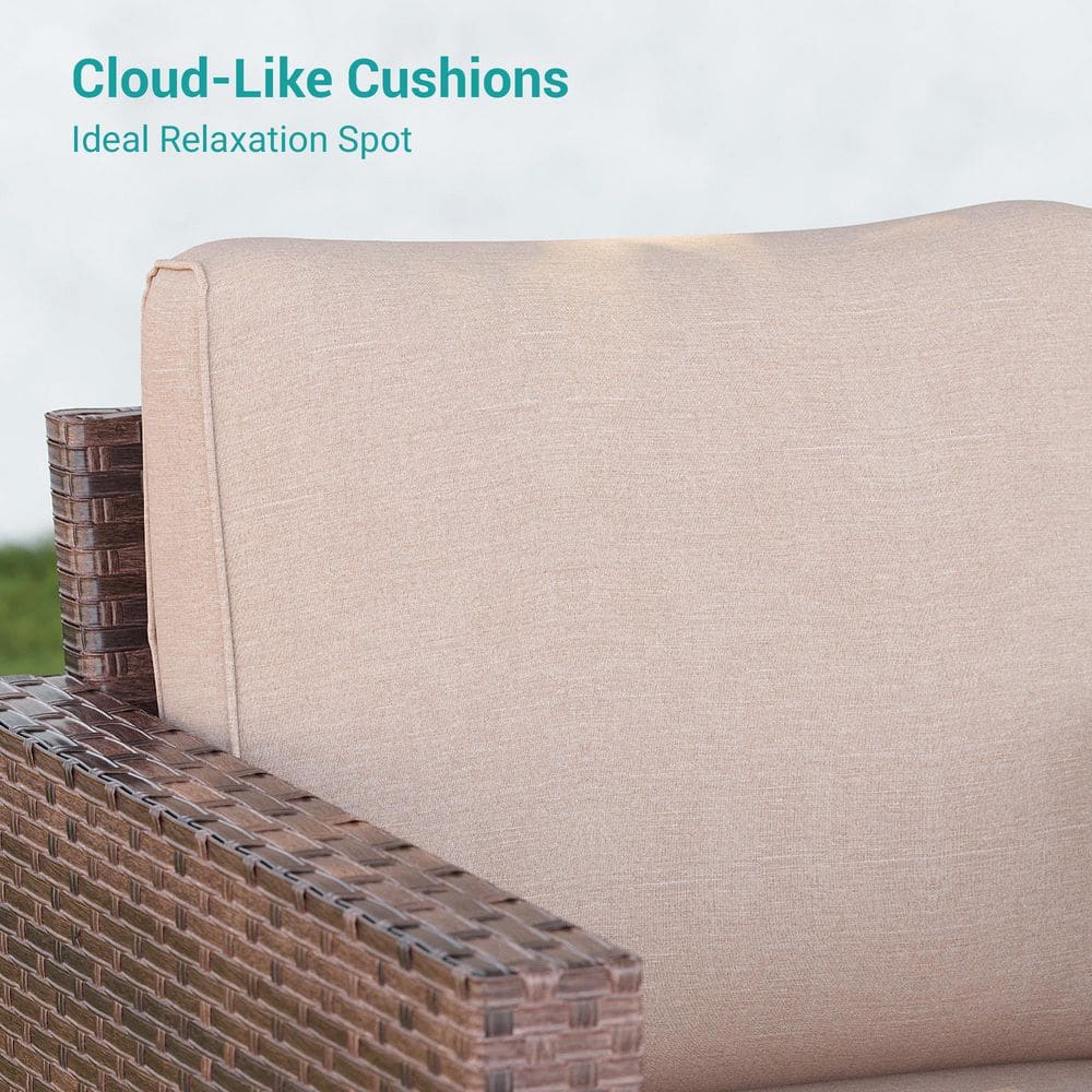 Close-up of the sand-colored cushion and rattan armrest.