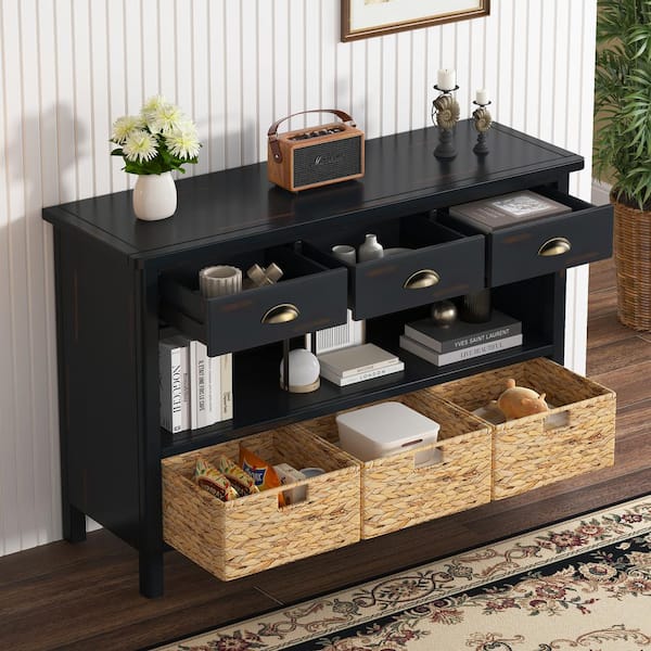 Espresso 47 in. Rectangle Wood Vintage Console Table with 3 Water Hyacinth Woven Baskets, 3 Drawers