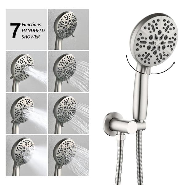 Single-Handle Wall Mount Roman Tub Faucet with Round Hand Shower in Brushed Nickel (Valve Included)