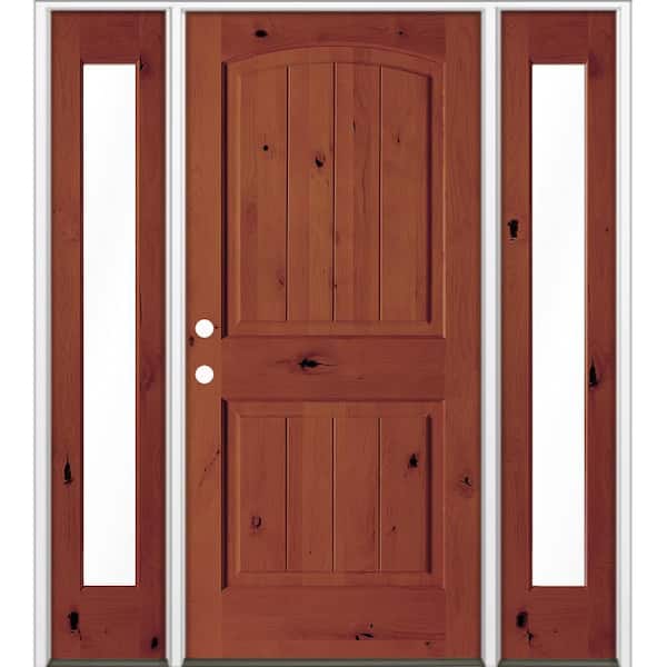 58 in. x 80 in. Knotty Alder Arch Top Right-Hand/Inswing Clear Glass BEHR Amaretto Stain Wood Prehung Front Door w/ DFSL