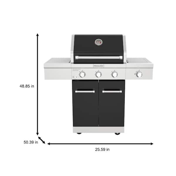 KitchenAid 720-0953AC 3-Burner Propane Gas Grill with Searing Side Burner and Silver PDC Side Shelves in Black - 3