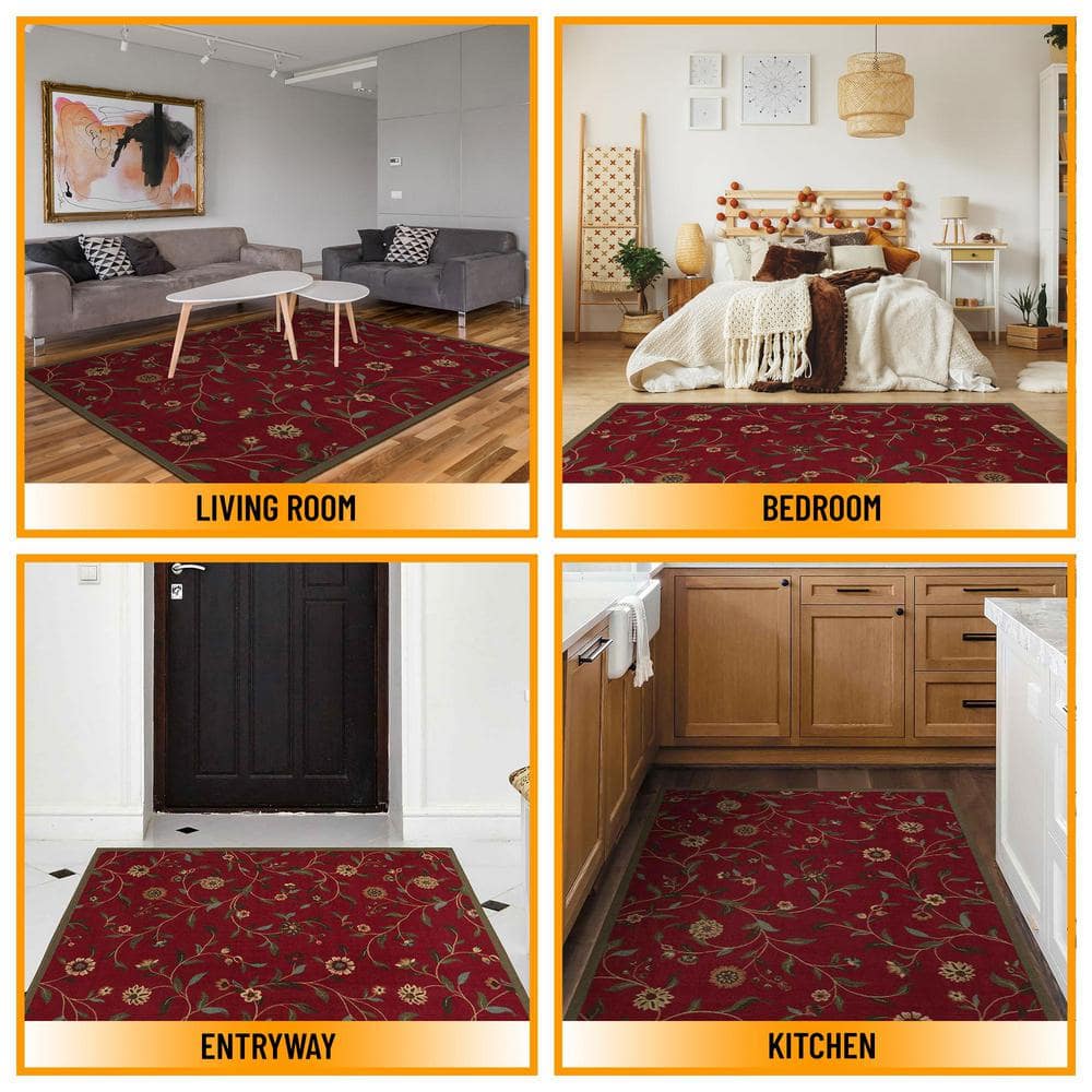 Red Floral Leaves Non-Slip Rubberback 3x5 Area Rug