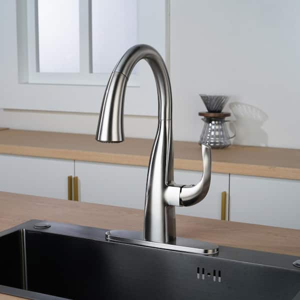Single Handle Pull Down Sprayer Kitchen Faucet with Vintage Gooseneck and Deckplate Included in Brushed Nickel