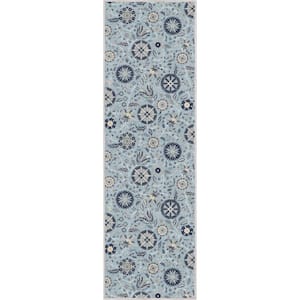 Light Blue 2 ft. 3 in. x 7 ft. 3 in. Runner Flat-Weave Kings Court Charlotte Transitional Floral Area Rug