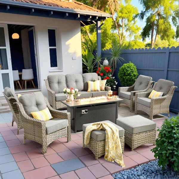 HOOOWOOO Cherry 8-Piece Wicker Outdoor Fire Pit Furniture Patio Conversation Sofa Seating Set with Dark Grey Cushions