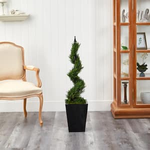 44 in. Cypress Spiral Topiary Artificial Tree in Black Metal Planter