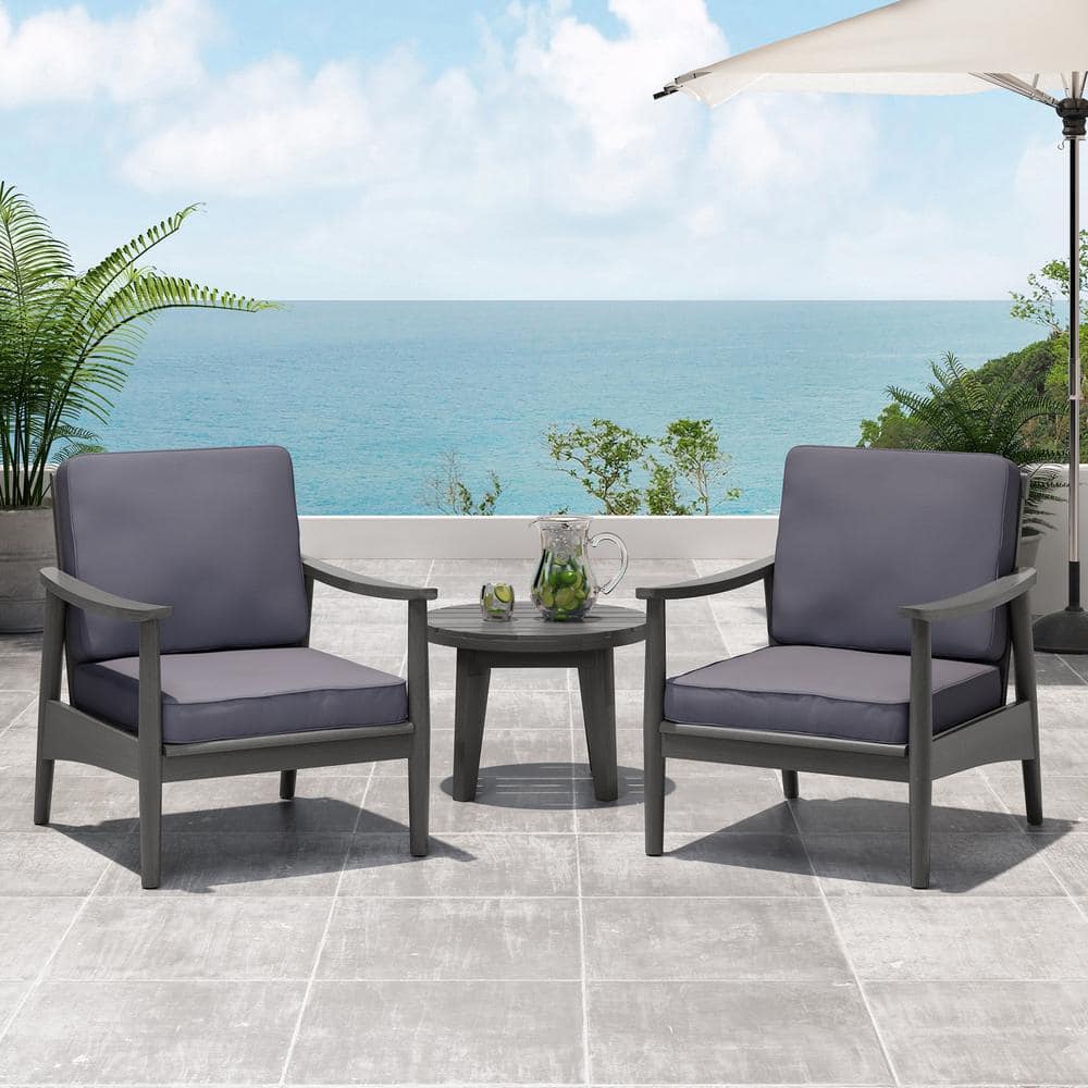 Gray Acacia Wood Outdoor Lounge Chairs with Dark Gray Cushions, Set of 2