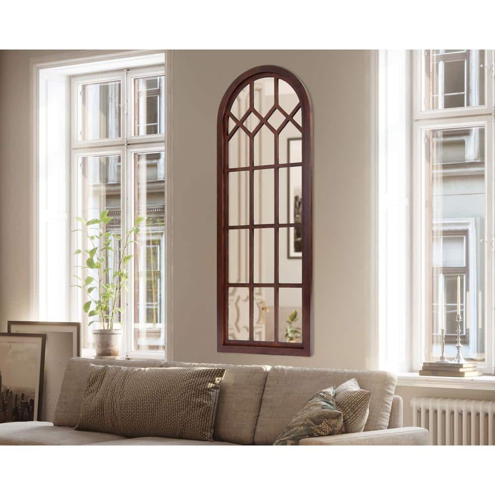 Walnut Brown Arched Wood Framed Windowpane Wall Mirror