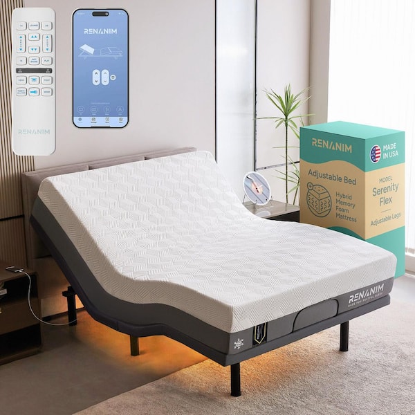 Renanim Gray Full Adjustable Bed Frame USB, APP, Dual Massage, Head/Foot Incline, Under Bed Light with 12 in. Hybrid Mattress