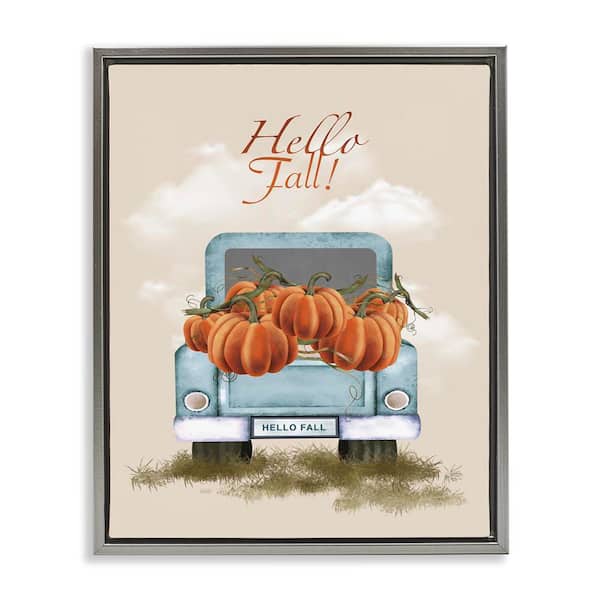 Stupell Industries Hello Fall Autumn Pumpkins by Andrea Jasid Grassi Gray Floater Frame Graphic Typography Art Print 21 in. x 17 in.