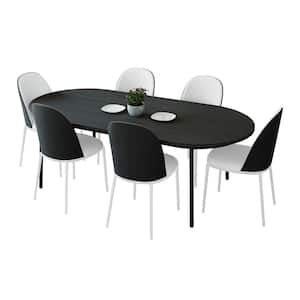 Tule 7 Piece Dining Set with 6 Leather Seat Dining Chair in White Frame and 71 in. Oval Dining Table, Black/White