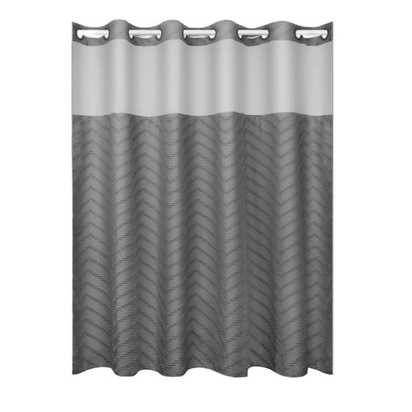 71 in. W x 74 in. L Fabric Shower Curtain in Tufted Chevron Striped, Light-filtering No Hook, Mesh Top Window, in Gray