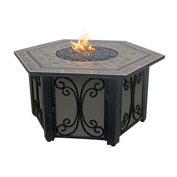 Endless Summer 41 in. Hex LP Fire Pit with Slate Tile and Wrought Iron Panels