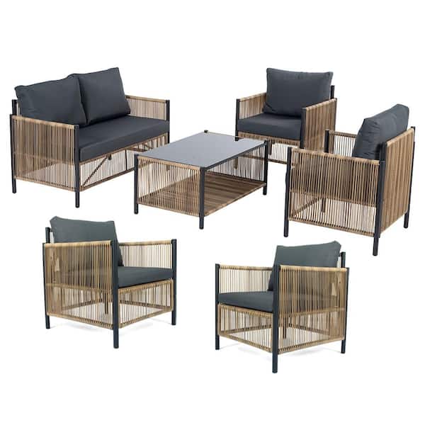 Sudzendf 6-Pieces Outdoor Patio Furniture Sets PE Wicker Sofa Set with Gray Cushion