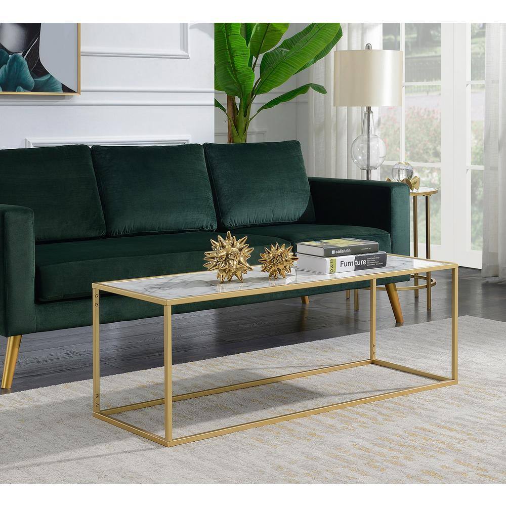 Gold Faux Marble Rectangular Coffee Table with Metal Frame