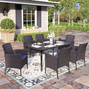 Black 7-Piece Metal Patio Outdoor Dining Set with Slat Table and Rattan Chairs with Blue Cushion