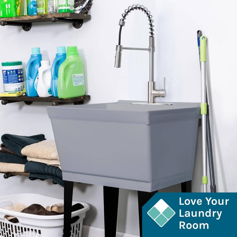 Gray Freestanding Utility Sink with Stainless Steel Faucet