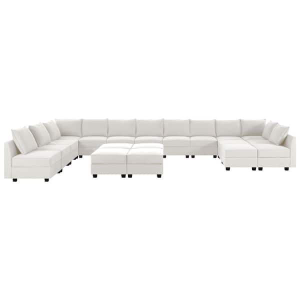 215.96 in. Armless 13-piece Linen U-Shaped Sectional Sofa in. White Down with 6 Ottomans for Living Room or Office