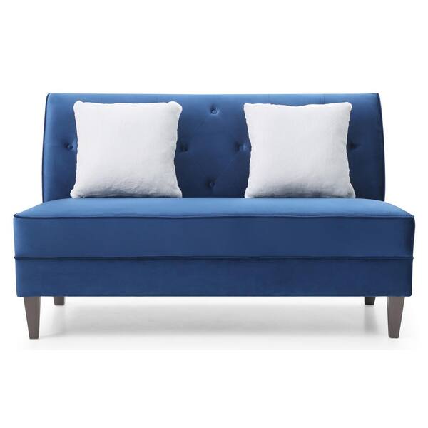 AndMakers Benedict 56 in. Armless Velvet Rectangle Tight Back Straight Sofa in Blue