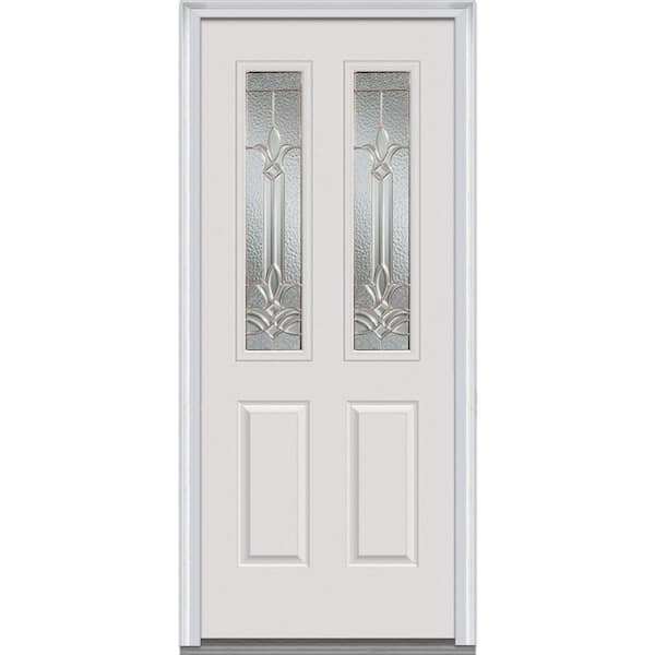 MMI Door 34 in. x 80 in. Bristol Right-Hand Inswing 2-Lite Decorative 2-Panel Primed Fiberglass Smooth Prehung Front Door