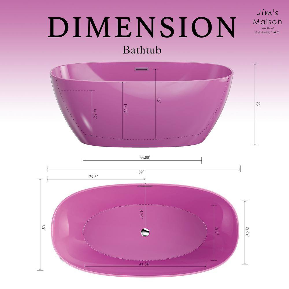 60'' Pink Acrylic Freestanding Double Slipper Bathtub