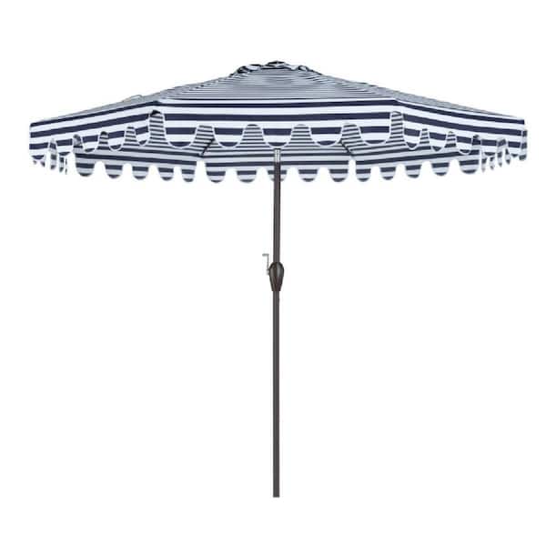HomeRoots 9 ft. Market Push Button Patio Umbrella in Navy Blue and White