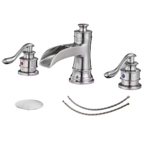 8 in. Widespread Double Handle Waterfall Bathroom Faucet With Pop-up Drain Assembly in Spot Resist Brushed Nickel