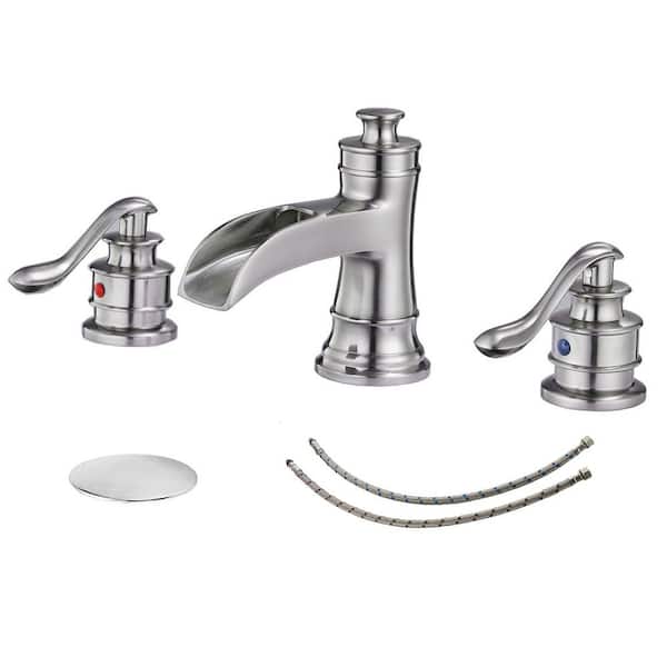 BWE 8 in. Widespread Double Handle Waterfall Bathroom Faucet With Pop-up Drain Assembly in Spot Resist Brushed Nickel