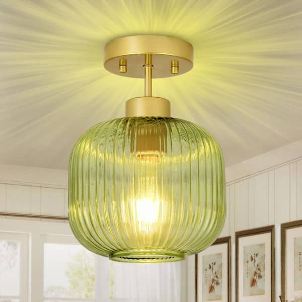 Essel 7.87 in 1-Light Gold Vintage Semi-Flush Mount Lighting with Round Glass Shade, No Bulbs Included