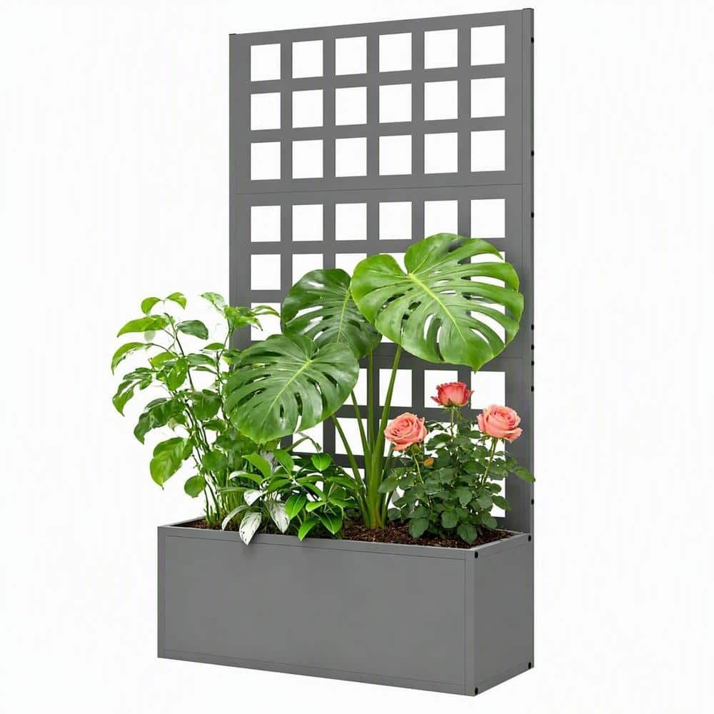 Galvanized Steel Raised Garden Bed with Trellis, 24-Inch Planter Box for Climbing Plants, Outdoor Flower Vegetable