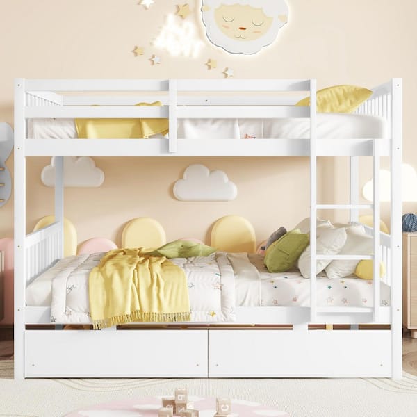 White Full Over Full Bunk Bed with 2 Drawers and Ladder