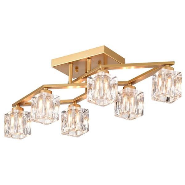 PUDO 24.9 in. 6-Light Gold Modern Farmhouse Flush Mount with Cube Shade