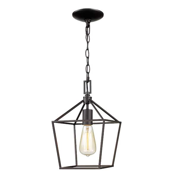 Home Decorators Collection Weyburn 1-Light Bronze Farmhouse Mini Pendant Light Fixture with Caged Metal Shade