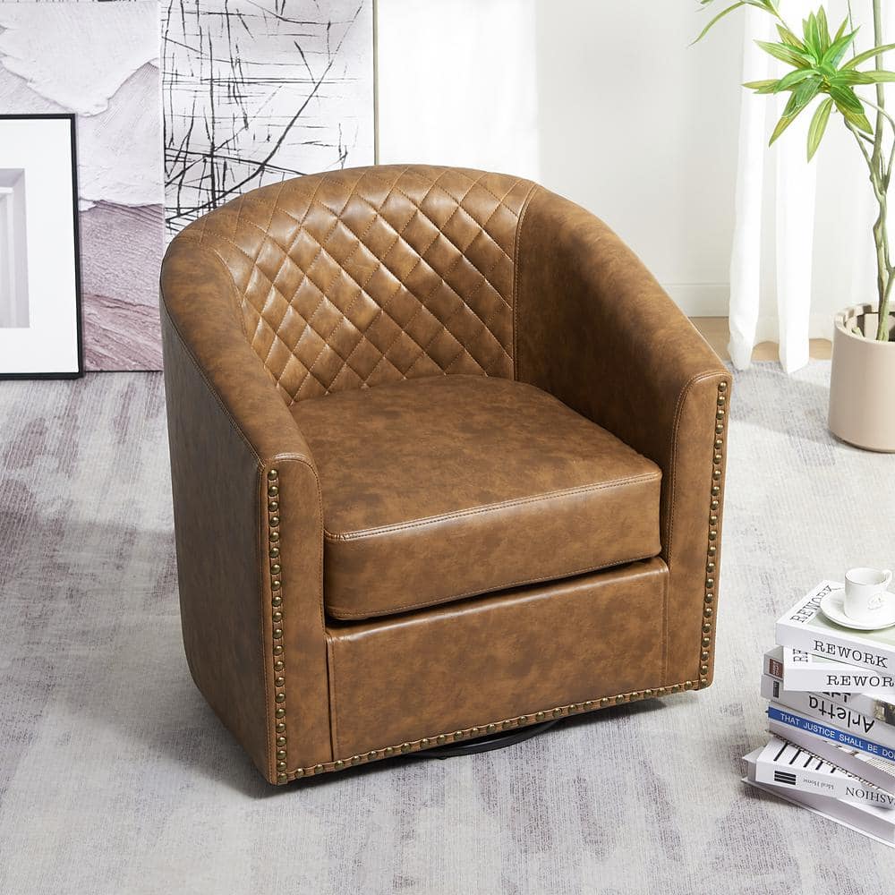 Modern Coffee Small Swivel Faux Leather Tufted Upholstered Barrel Accent Arm Chair