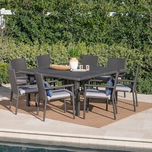 Gaston 30 in. Grey 9-Piece Metal Square Outdoor Dining Set with Silver Cushions