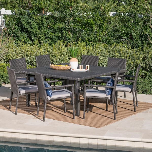 Noble House Gaston 30 in. Grey 9-Piece Metal Square Outdoor Dining Set with Silver Cushions