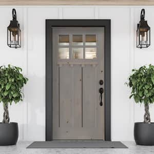 36 in. x 80 in. Craftsman Alder Left Hand 6-Lite Clear Glass Grey Stain Wood Prehung Front Door with Dentil Shelf