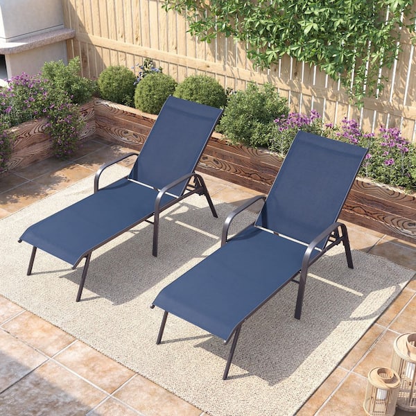 Full Flat 2-Piece Metal Outdoor Adjustable Chaise Lounge with Navy Blue Textilene Fabric