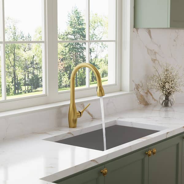 16.6 in Single Handle 360° Swivel Pull Down Sprayer Kitchen Faucet with Advanced Spray in Brushed Gold