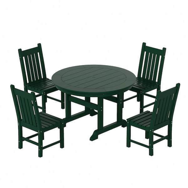 Hayes 47 in. All Weather HDPE Plastic Round Outdoor Dining Trestle Table with Umbrella Hole in Dark Green