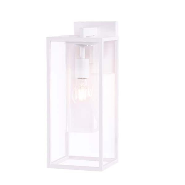 15.9 in. White Hardwired Outdoor Wall Light Lantern Sconce with No Bulbs Included with Rectangle Clear Glass
