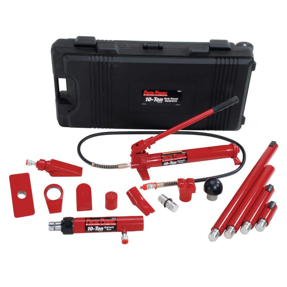 Porto-Power 10-Ton Hydraulic Body Repair Kit in Black/Red (19-Piece) B65115  The Home Depot