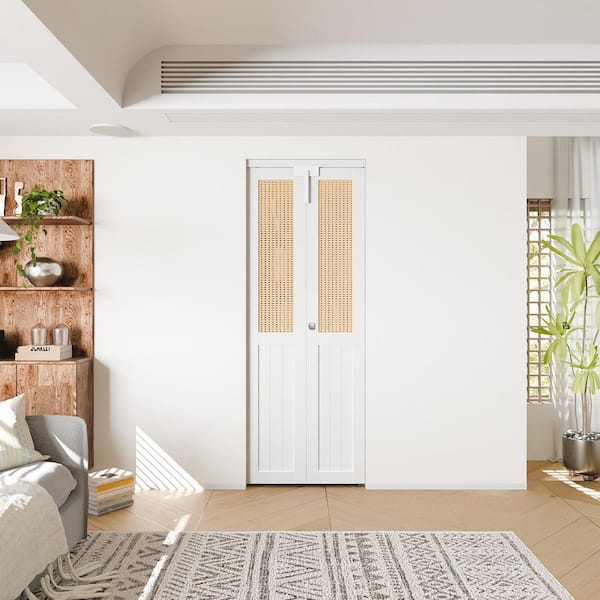 30 in. x 80 in. Half Cane Webbing & Wood Half Solid Core White PVC Covering MDF Bi-fold Door with Locks and Handles