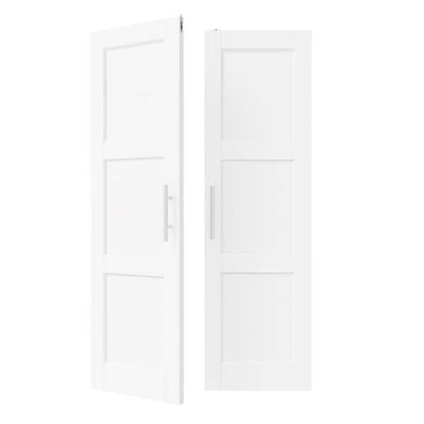 TENONER 48 in. x 80 in. Solid Wood & MDF, 3-Panel, White Primed, Pantry door, Interior Door Slab with Ball Catch & Top Latch