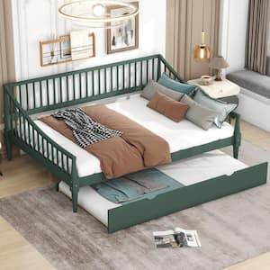 Green Wood Full Size Daybed with Twin Size Trundle, Vertical Strip Hollow Shaped Bedrails, Support Legs