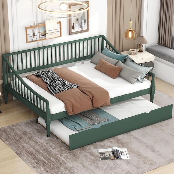 Harper & Bright Designs Green Wood Full Size Daybed with Twin Size Trundle, Vertical Strip Hollow Shaped Bedrails, Support Legs
